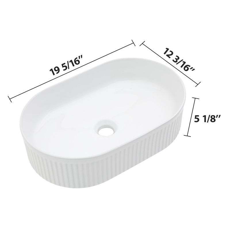 19" L x 12'' W Fluted Oval White Ceramic Vessel Bathroom Sink