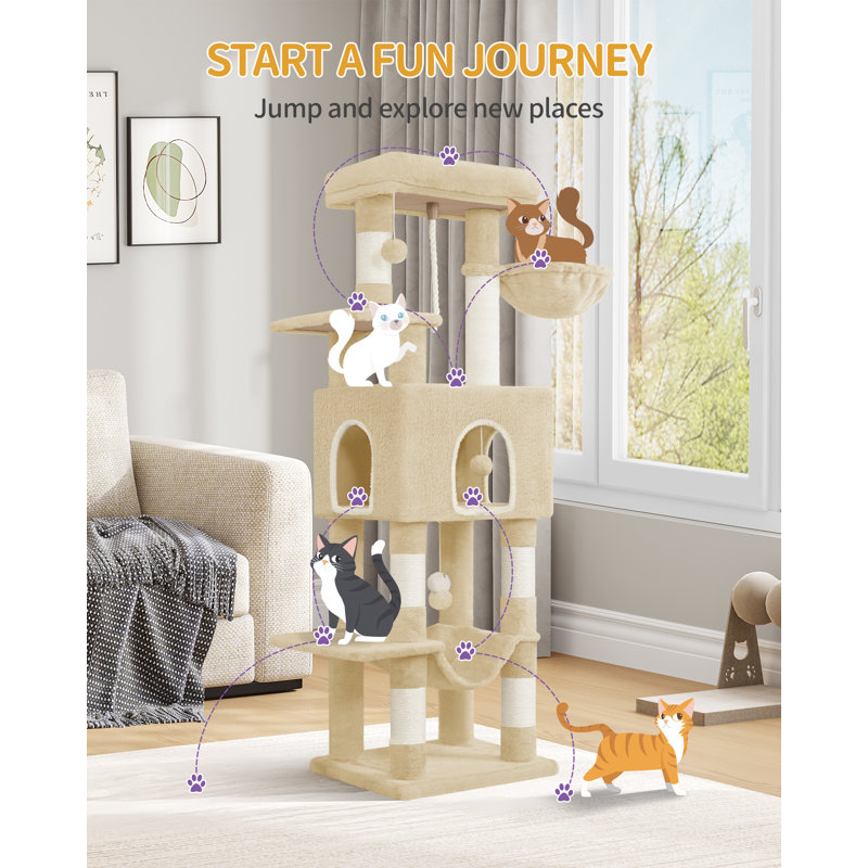 149 cm Cat Tree for Indoor Cats, Cat Tower with Large Hiding Cave, Scratching Post with Large Platforms, Multi-Level Cats Activity Center, Sisal Rope, Hammock 