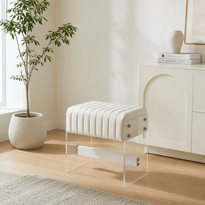 处理好的标题如下：  White PU Leather Vanity Stool, Accent Stool with High-Density Sponge and Transparent Acrylic Legs