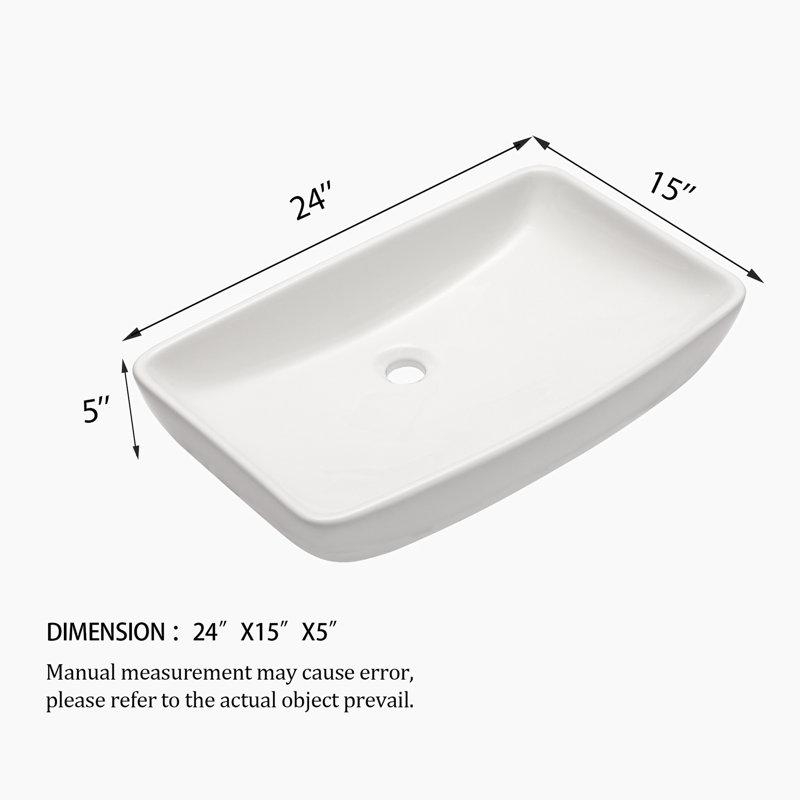 24" x 15" White Ceramic Rectangular Bathroom Vessel Sink