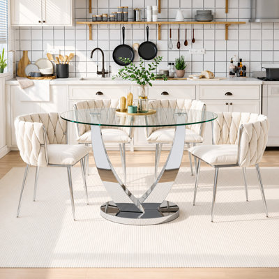 47.2" Round Glass Dining Table Set for 4, Modern Round Dining Table Set with 4 Velvet Chairs, 5 Pieces Clear Glass Dining Table set for Kitchen, Dining Room, Apartment