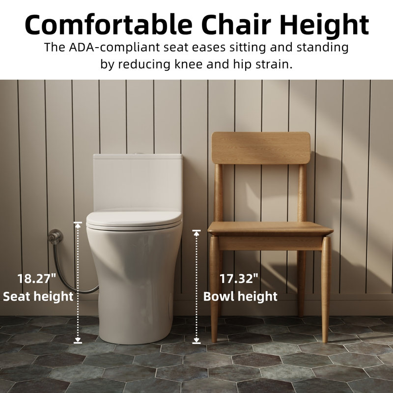 Los Flexi Compact One-Piece Toilet For Small Bathrooms, 18" Chair Height Elongated Toilet, Dual Flush 1.0/1.28 GPF & Rimless Swirl, 12" Rough-In