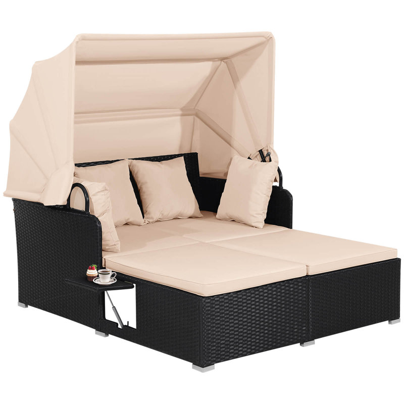 Patio Rattan Daybed Lounge Retractable Top Canopy Side Tables Cushions Black + Beige
