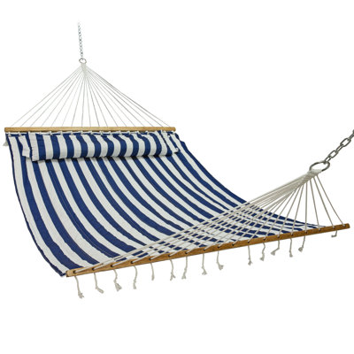 2-Person Quilted Fabric Double Hammock with Pillow - Blue Stripe - Hammock Only