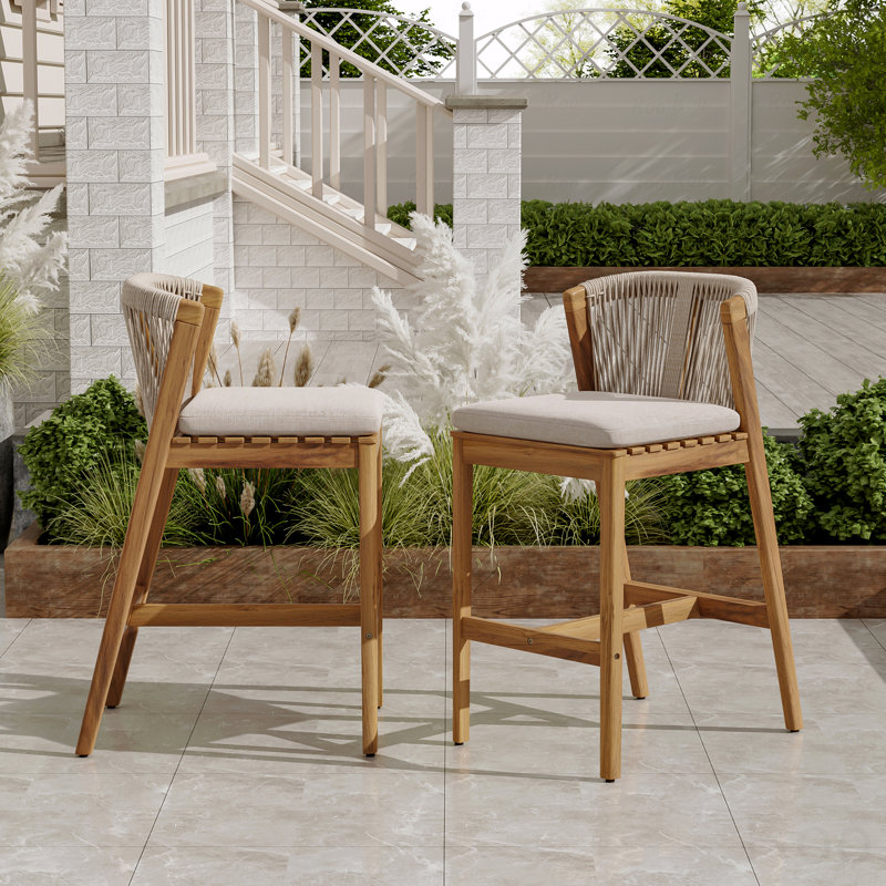 Set Of 2 Outdoor Patio Barstool, Teak Finished Wood With Beige Cushion