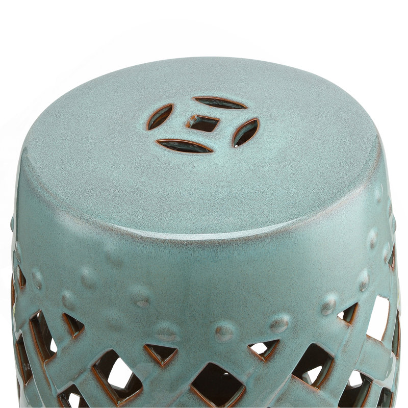 Tabouret de jardin 13 po x 18 po en céramique avec motif en treillis tissé et table de bout décorative en matériaux résistants émaillés, bleu antique