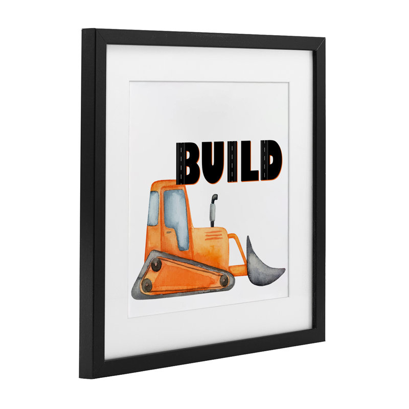 «Build with Orange Bulldozer», reproduction d'art sous verre, conception de Kim Allen, H 13 po x l 13 po, Cadre noir minuit