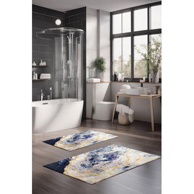 Ensemble de tapis de bain de luxe Eakly (2 pièces), 100% polyester, 16,0 x 23,6 pouces et 23,6 x 39,4 pouces | Conception antibactérienne antidérapante, hauteur de poils de 0,3 po | Lavable à la machine, durable et facile à nettoyer | Idéal pour la décoration de salle de bain