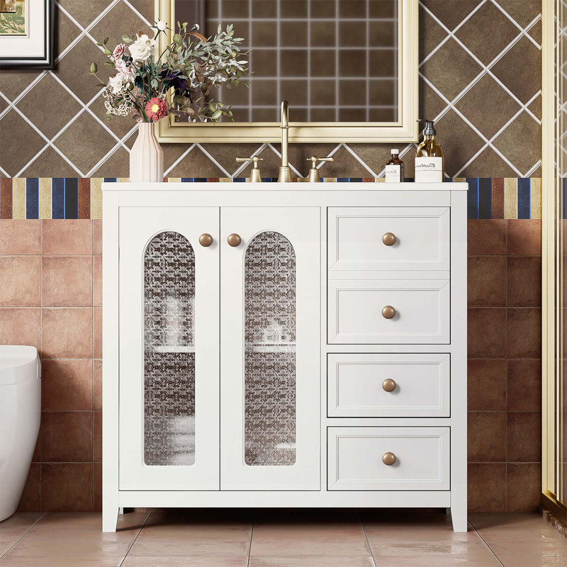 Meuble-lavabo de 36 pouces avec portes à fermeture douce, tablettes réglables et trois tiroirs pour espaces compacts