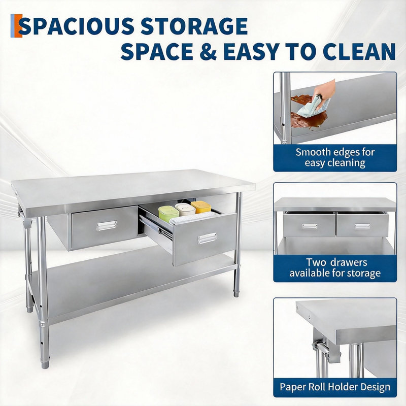 Table de préparation en acier inoxydable 48 po x 24 po avec 2 tiroirs, table de travail commerciale avec pieds réglables et tablette de rangement inférieure pour la cuisine, le restaurant et le garage