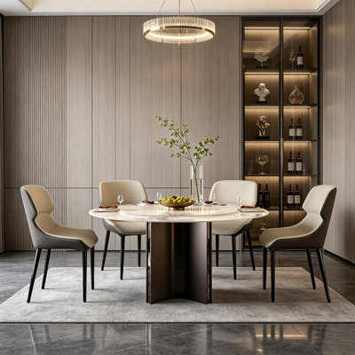 Table de salle à manger ronde moderne de 51,18 po de largeur, convenant à 4 à 6 personnes, avec un plateau en pierre frittée, un plateau rotatif et une base en acier inoxydable de H 29,52 po; table de salle à manger luxueuse d'aspect marbre
