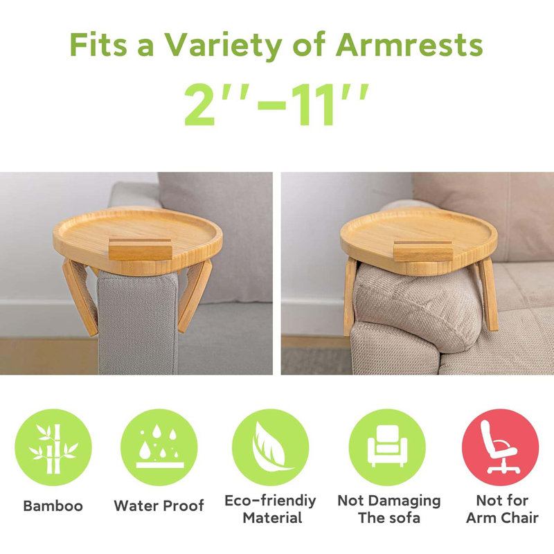 Couch Armrest Table, Bamboo Clip On Couch Arm Table With 360°Phone Holder,Foldable Sofa Arm Tray For Eating And Drinking, TV Tray