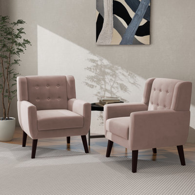 Davey Upholstered Skin Pink Velvet Tufted Wide Back Armchair with Solid Wood Leg