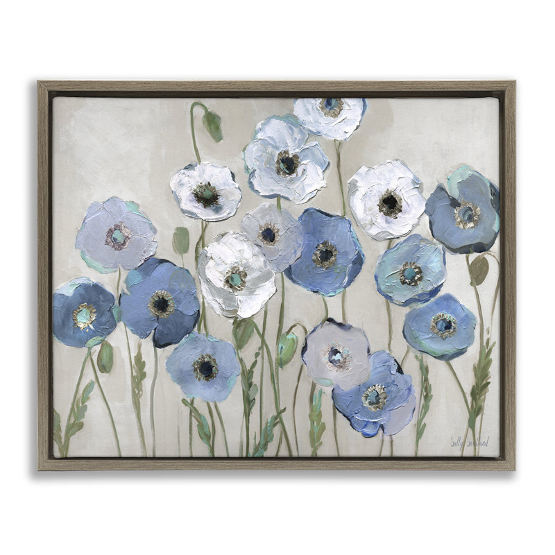  «Round Blue Poppies» par Sally Swatland, H 25 po x l 31 po, Cadre flottant orme Montalcino