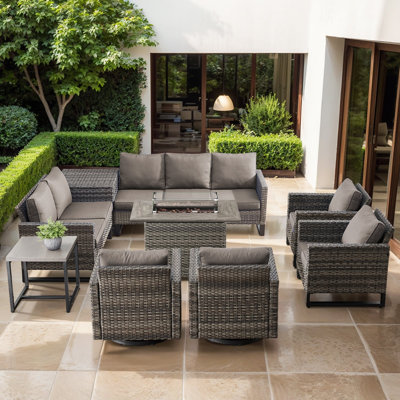 Naresa 9-Piece Outdoor Wicker Conversation Set With Sectional Sofa, Fire Pit Table, Swivel Chairs & Storage Box