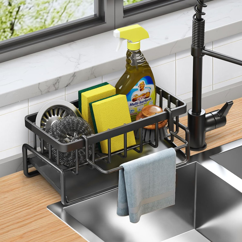 Porte-éponge pour évier de cuisine, support pour évier de cuisine, organisateur d'évier de salle de bain en acier inoxydable avec support à linge détachable, distributeur de savon à vaisselle