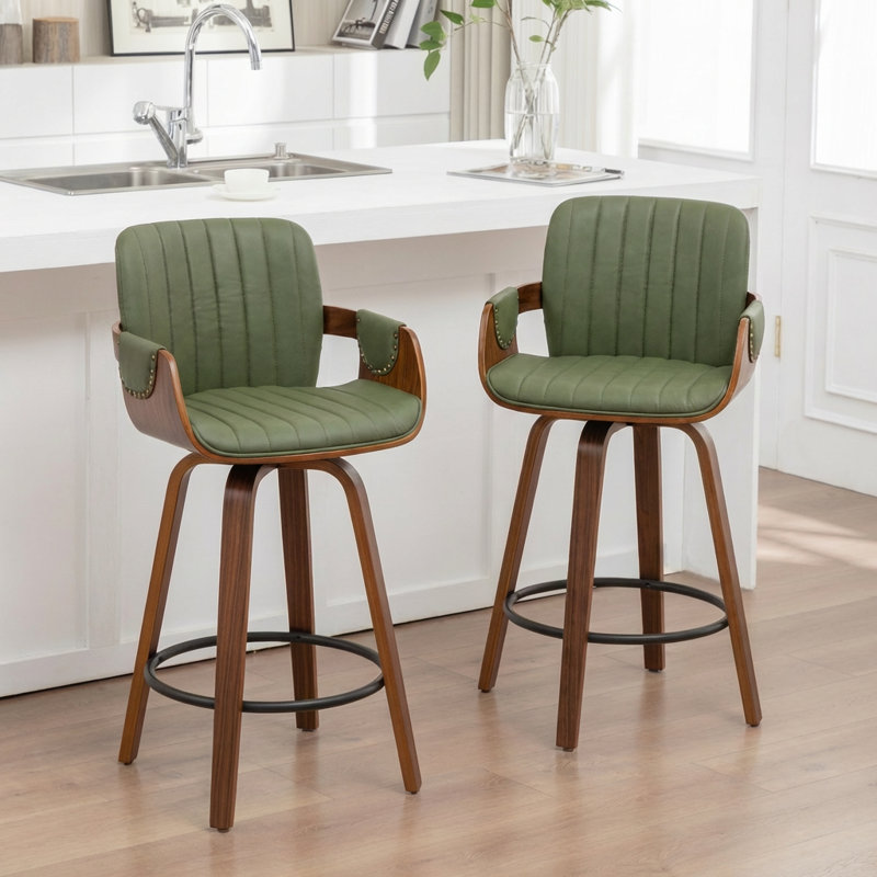 Youngstown Upholstered Swivel Counter Stool With Wood Frame, Green