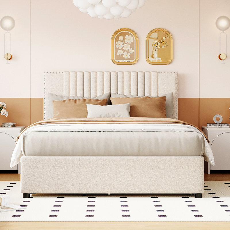 Lit plateforme tapissier pleine grandeur beige avec 2 tiroirs et un lit gigogne, tête de lit classique, matériaux en contreplaqué, espace de rangement supplémentaire, grande structure simple à assembler et à construire, capacité de rangement accrue