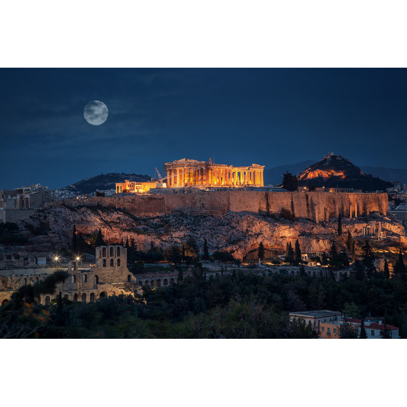 Acropolis At Night With Full Moon Greece by RobertBreitpaul - Wrapped Canvas Print, 30cm H x 46cm W