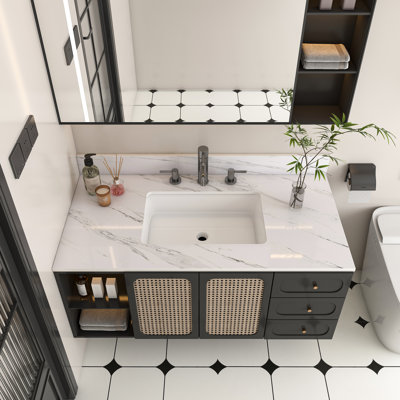 Comptoir de meuble-lavabo 43 po avec lavabo encastré Roomfitter, comptoir de salle de bain en pierre frittée durable avec dosseret, blanc