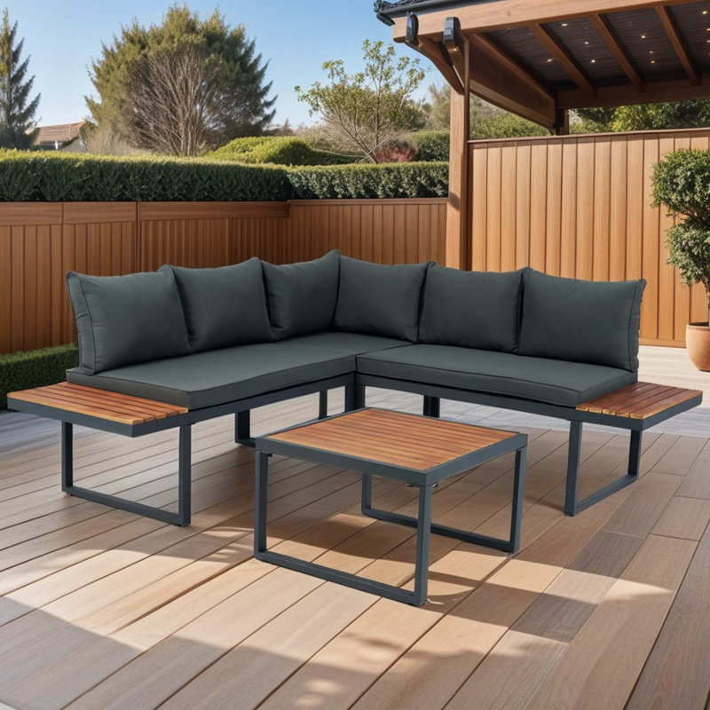 Ensemble de conversation modulaire en osier pour terrasse avec canapé d'appoint et ensemble de conversation 4 pièces 5 pièces avec table d'appoint et coussins gris foncé