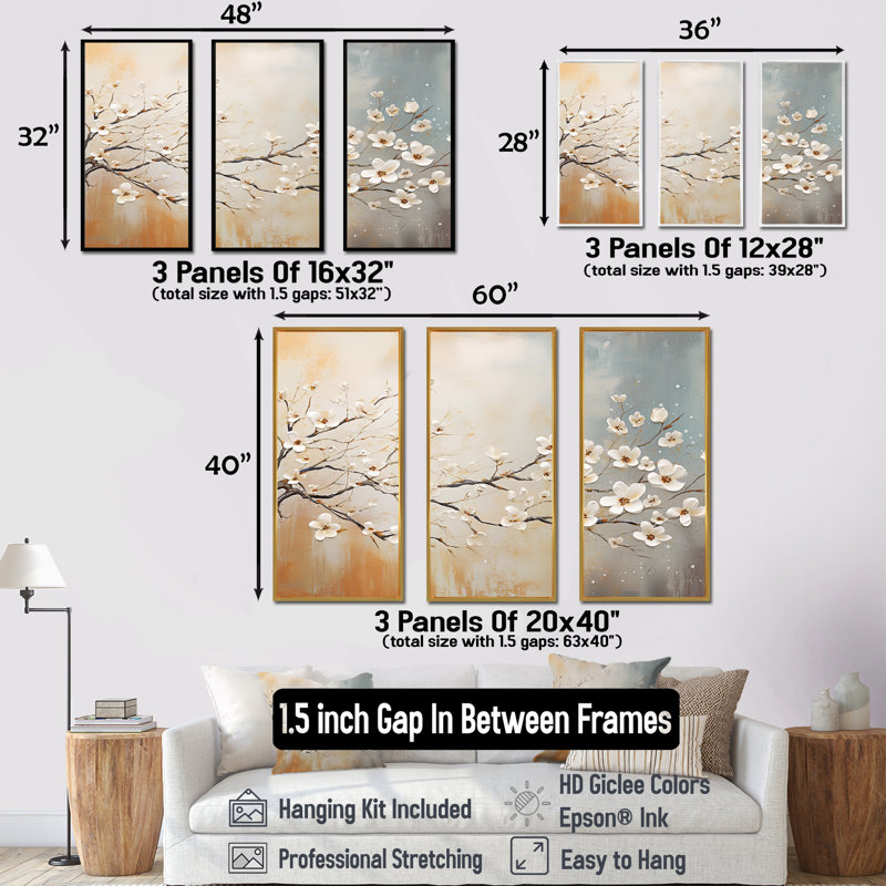 Dogwood Blooms Sunset - ensemble d'art mural cornouiller, H 40 po x l 60 po x P 1 po, Cadre flottant blanc