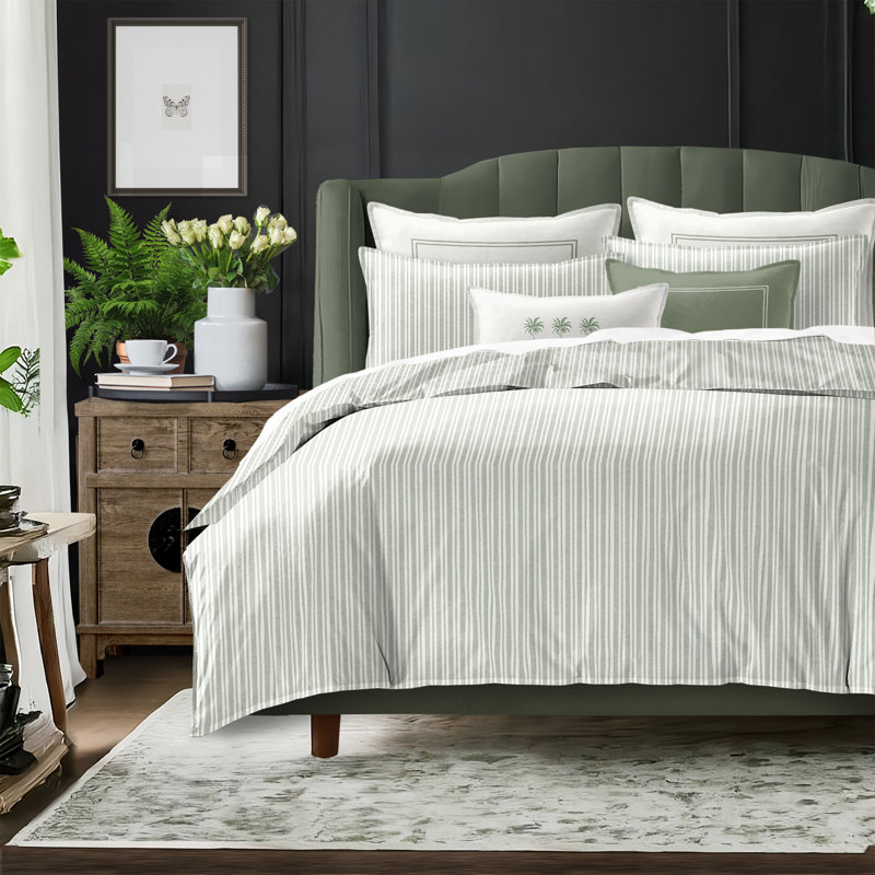 Pacific Stripe Reversible Cotton Duvet Cover Set, Twin Duvet Cover + 2 Standard Shams, Sweet Grass