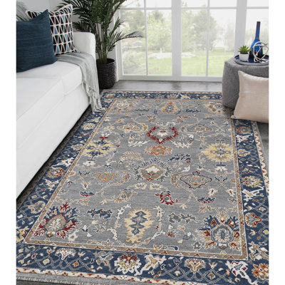 Tapis oriental en laine noué à la main gris / bleu / jaune Hillard