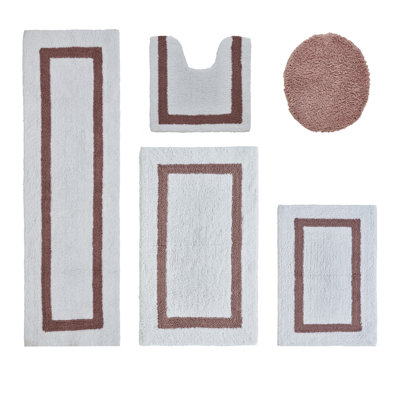 Makbul Premium 100% Cotton 2370 GSM 5-Piece Bath Rug Set, OEKO-TEX® Certified, Ultra Plush Tufted Bathroom Mats, Super Absorbent, Reversible, Machine Washable, Spa-Like Comfort, White/Pink