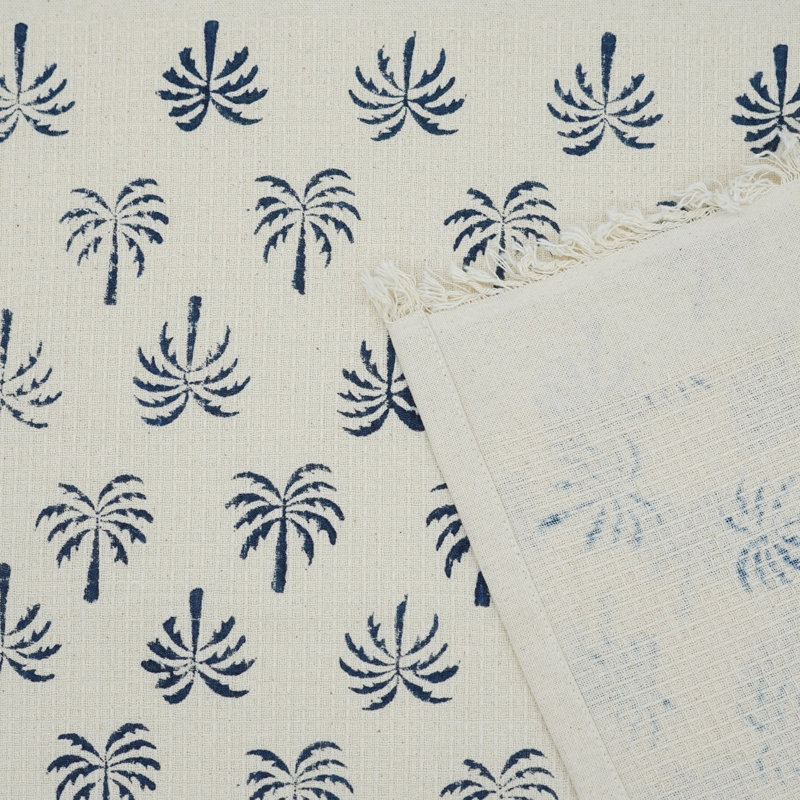 Luxury Floral Hand Block Print Waffle Cottton Hand Towels - Eco-Friendly, Stylish Home Accessories "Palm Tree", Dark Blue