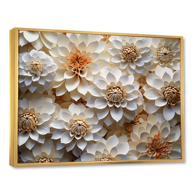 «Vibrant White Zinnias Collage I» sur toile, Cadre flottant doré, H 30 po x l 40 po