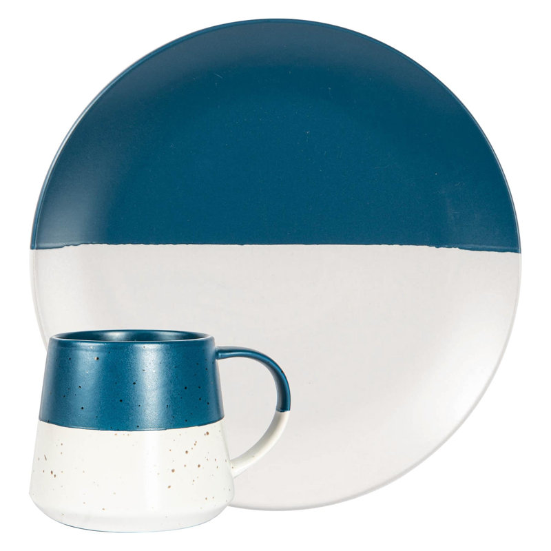 Nicola Spring - Dipped Flecked Stoneware Belly Mug & Plate - 20.5cm, Navy