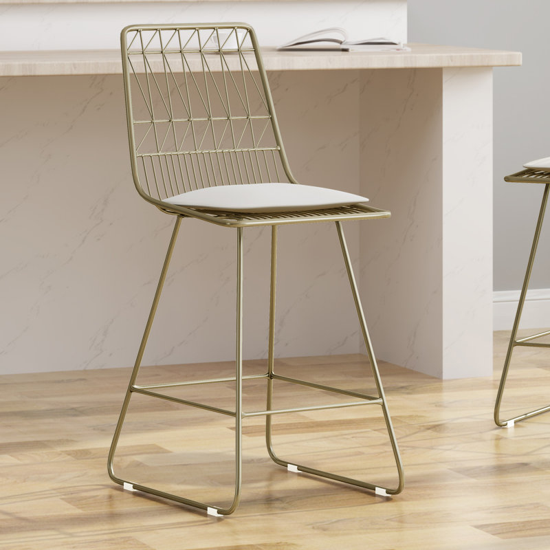 Set of 2 Light Brass Iron Counter Stools with Ivory Cushions