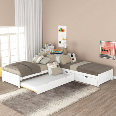 L-Shaped Platform Bed With Trundle And Drawers Linked With Built-In Desk,Twin