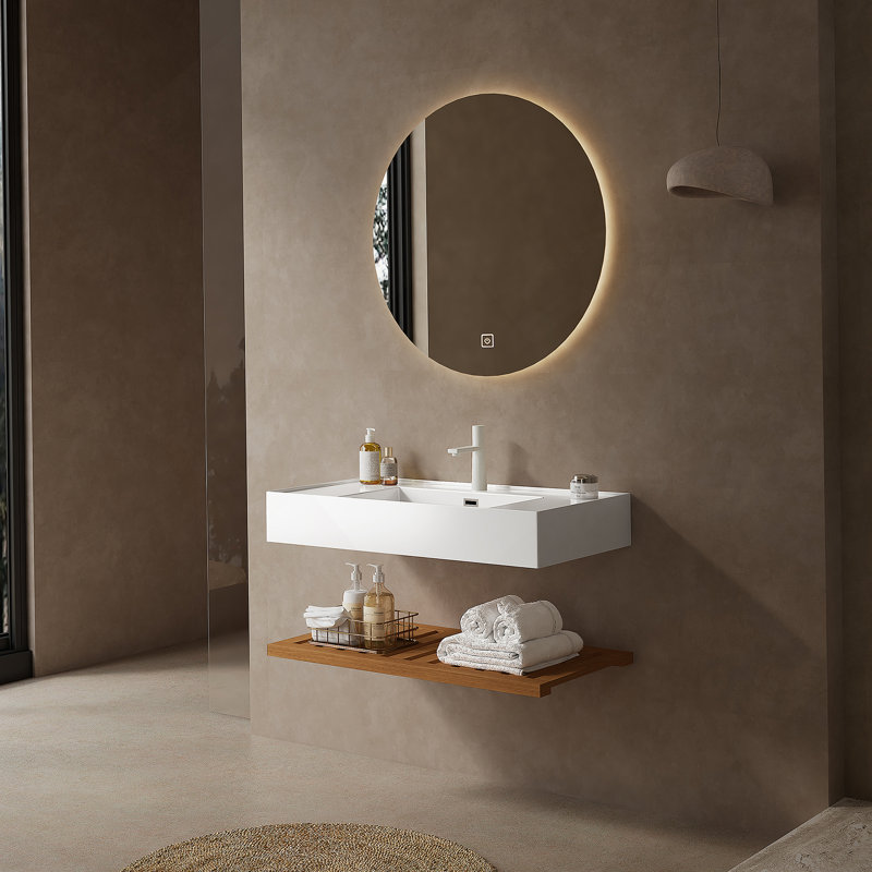 Meuble-lavabo de 36 po avec lavabo vasque, lavabo intégré mural rectangulaire en acrylique blanc flottant sans robinet, tablette rayée, noyer foncé