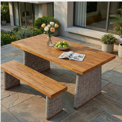 Outdoor Acacia Wood Dining Table Set with 1 Table and 1 Bench,Brown