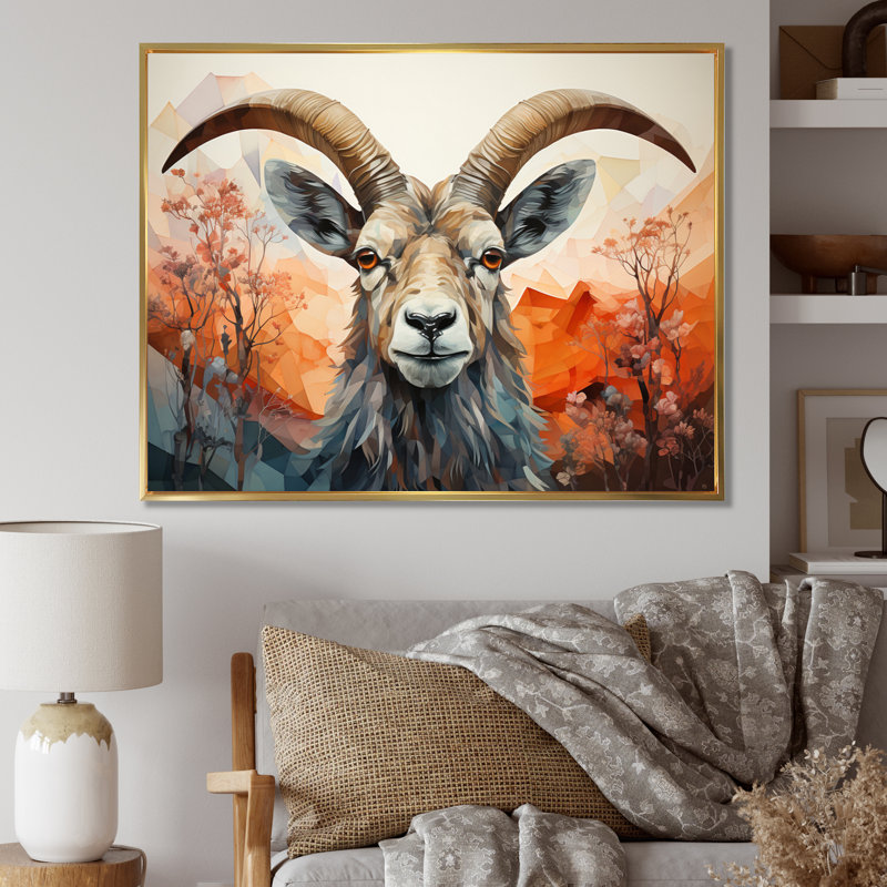 Goat Mountain Explorer géométrique - Chèvre, art mural, H 30 po x l 40 po x P 1,5 po, Cadre flottant doré
