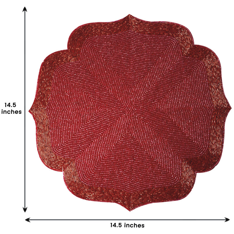 The Kaledos Scalloped Round Beaded Placemats Set with Radiating Design for Valentines Day Dining or Home Decor, Red