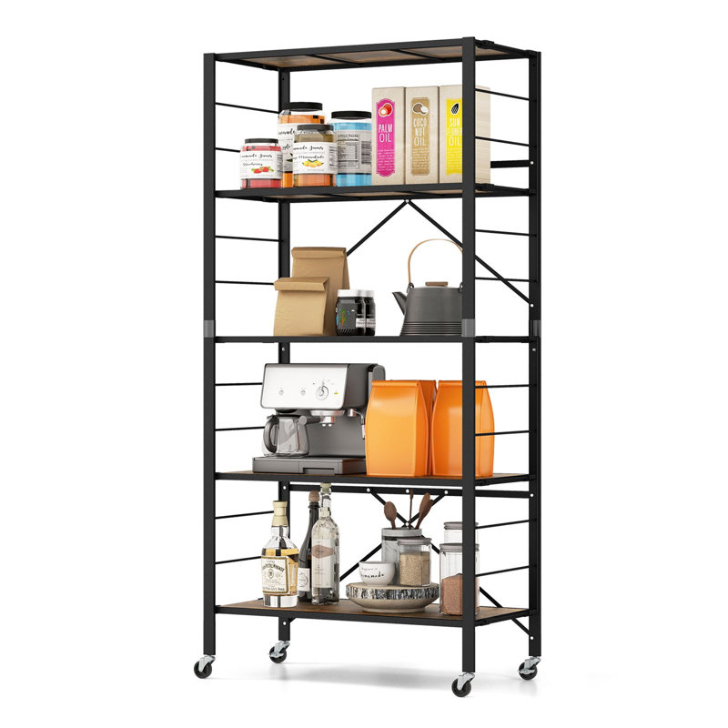 5-Tier Foldable Shelving Unit Metal Shelves with Detachable Wheels, Black/Brown