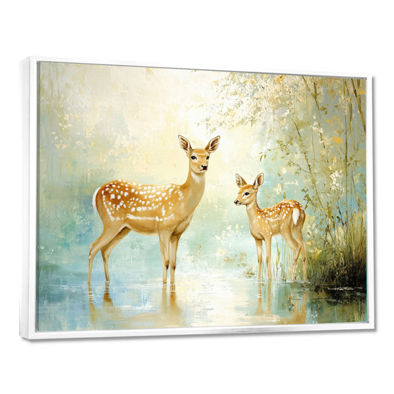 Famille de cerfs au bord de la rivière - Décoration murale cerf, Impression dans un cadre flottant sans passe-parto, Blanc