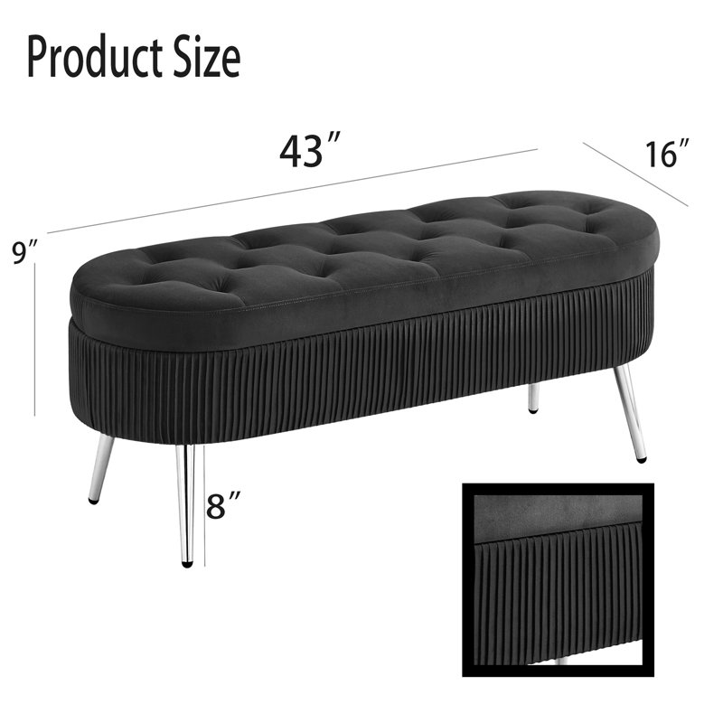 Banc de rangement rembourré Vinoe, Velours noir, Argenté