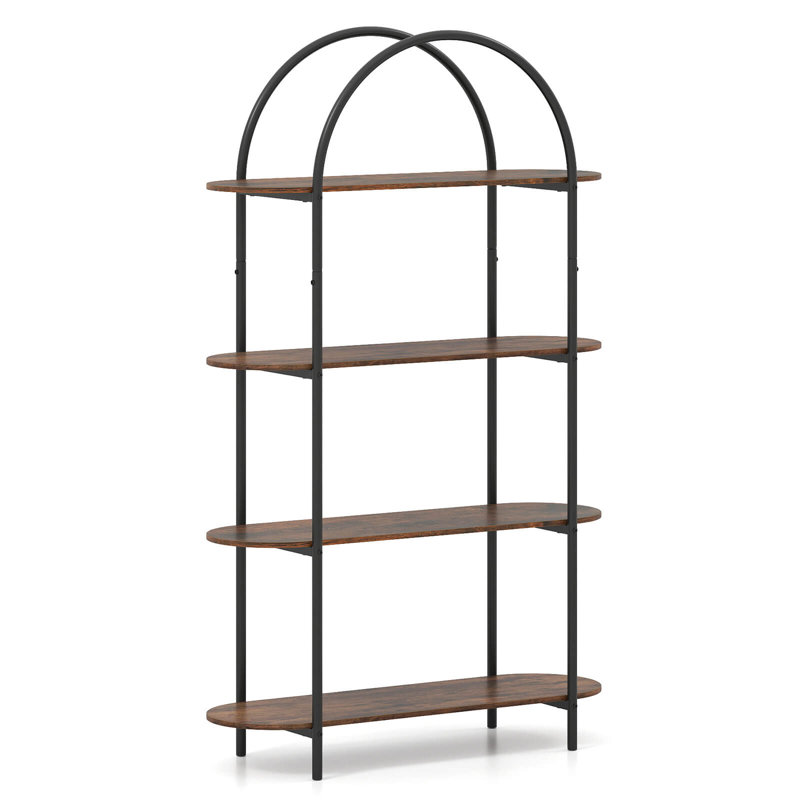 1 PCS Arched Bookshelf, 4-Tier Open Bookcase with Sturdy Metal Frame for Living Room Rustic Brown and Black, Brown/Black, 1