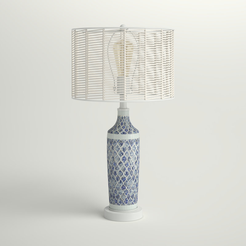 Flossie 24.75"H Blue and White Metal and Tan Rattan Table Lamp