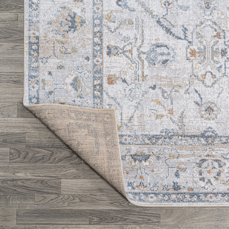 Tapis gris clair / bleu Brandy Rustic Border, Rectangle 5 pi 3 po x 7 pi 7 po