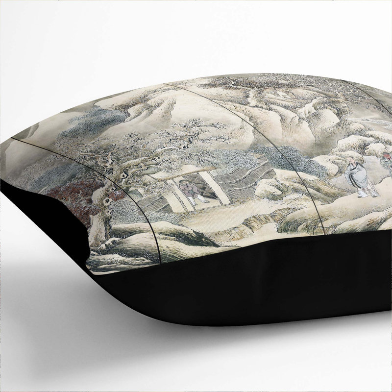 Liu Bei Visiting Zhuge Liang by Yosa Buson Cushion with Filling, Black, 40cm H x 40cm W x 15cm D