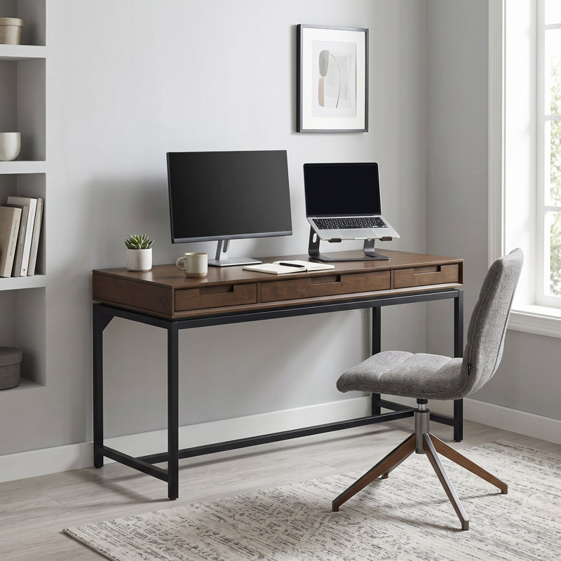 Bureau d'écriture en bois massif avec plateau pour clavier Lars, H 31,50 po x l 60 po x P 24 po, Noyer / Noir