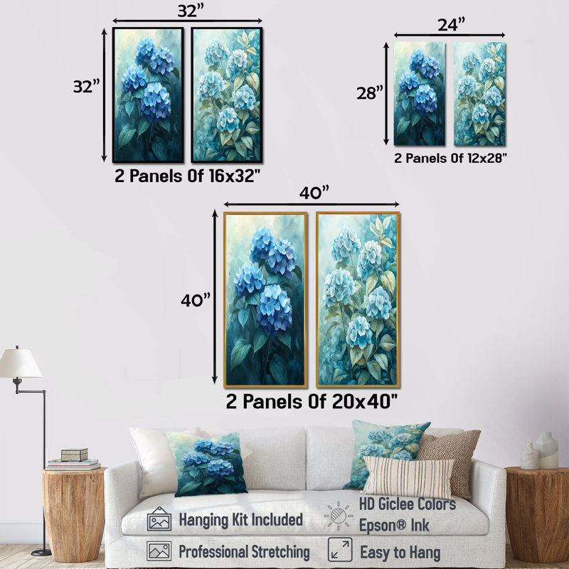 Hortensia Blossom Harmony I - impression sur toile florale 2 panneaux, H 28 po x l 25 po, Encadrement argenté