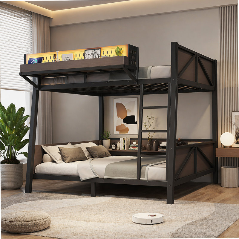 Lit superposé double avec tablettes de rangement, structure de lit superposé en métal avec lumière DEL et ports USB pour enfants, adolescents. Noir