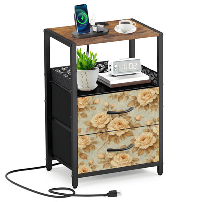  24.2" 2 - Drawer Nightstand Vintage Floral Beige Roses Blue Side Table with Charging Station Iron Frame Bedside Table