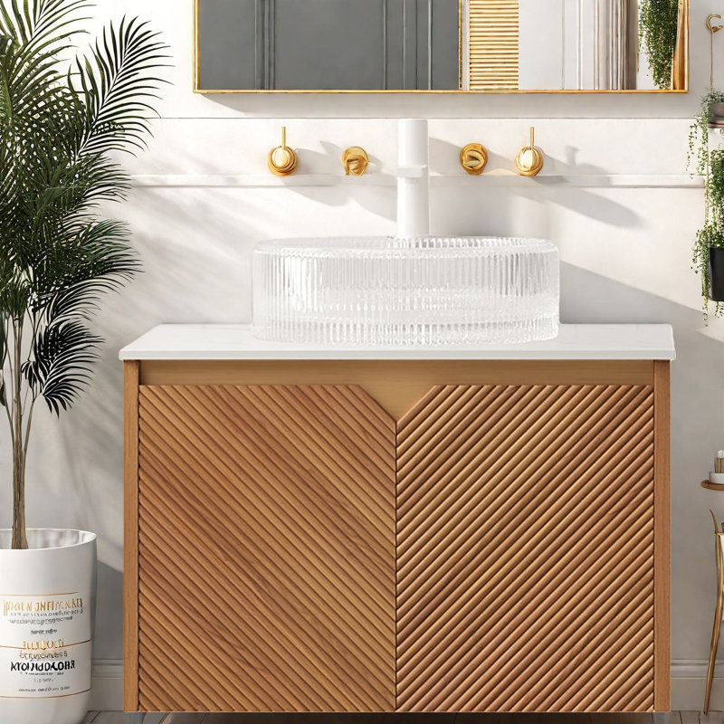 Meuble-lavabo flottant moderne et lavabo en verre, rangement en chêne brun pour les salles de bain